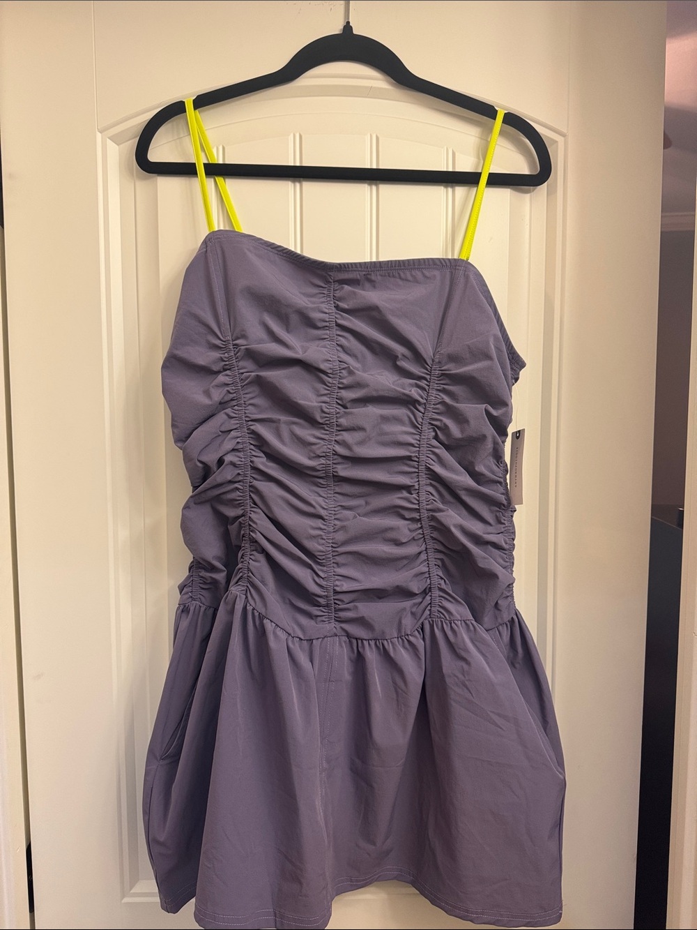Anthropologie daily practice Lavender Ruched Sundress with Neon Straps, L, New